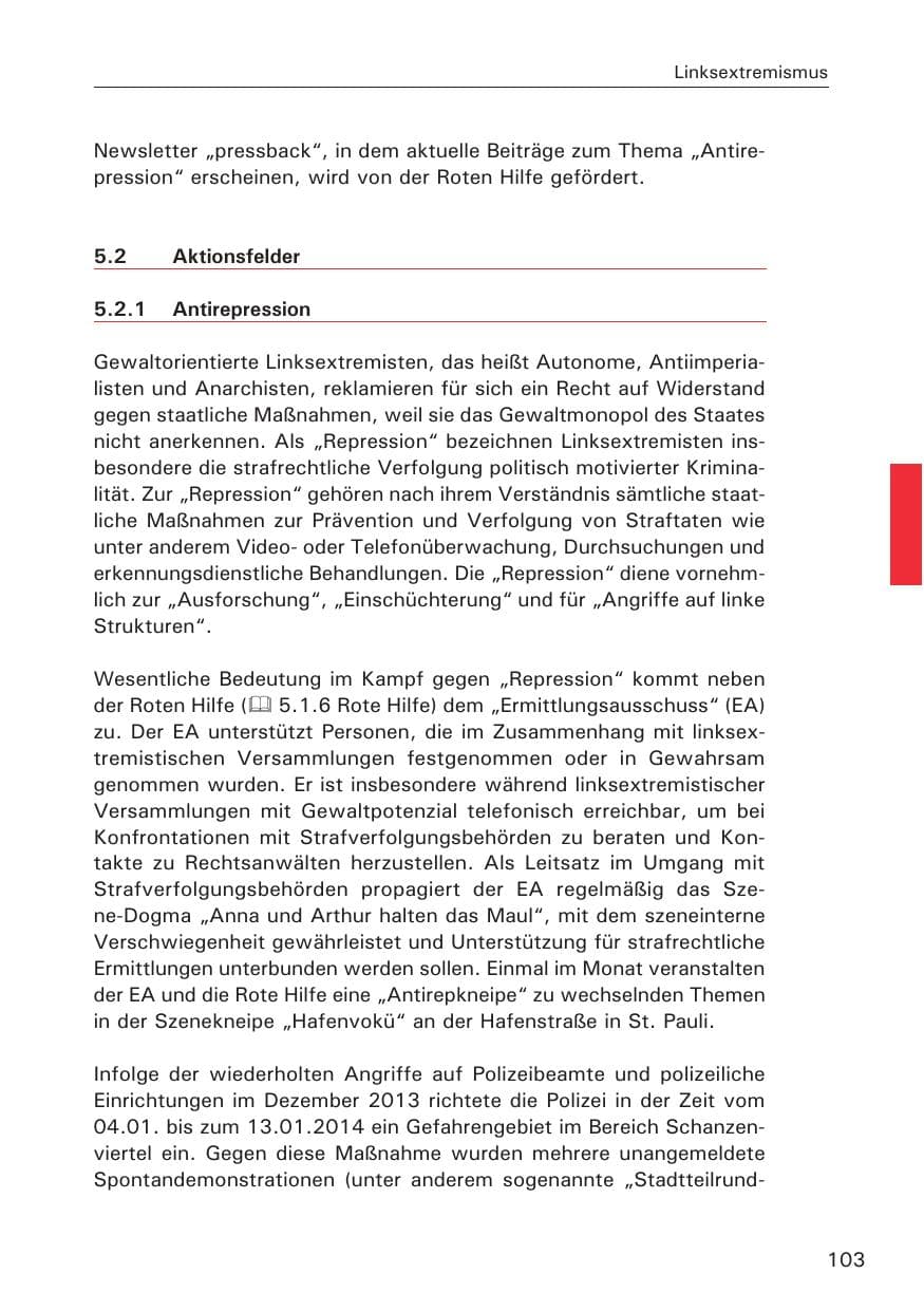Seite 103 des Verfassungsschutzbericht 2014 Hamburg
