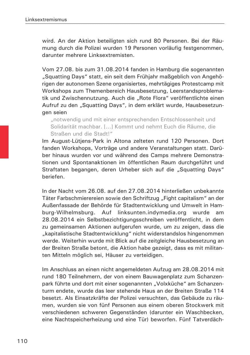 Seite 110 des Verfassungsschutzbericht 2014 Hamburg