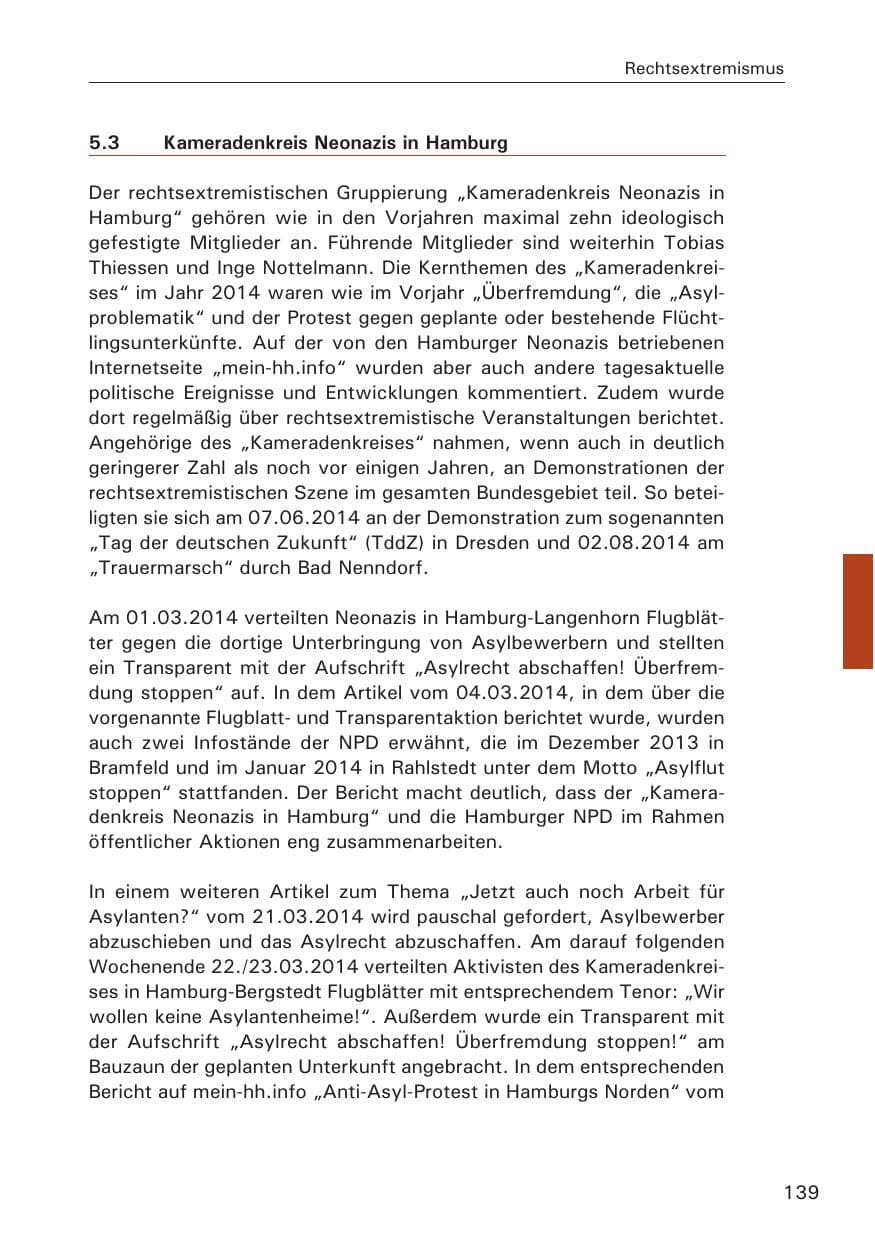 Seite 139 des Verfassungsschutzbericht 2014 Hamburg