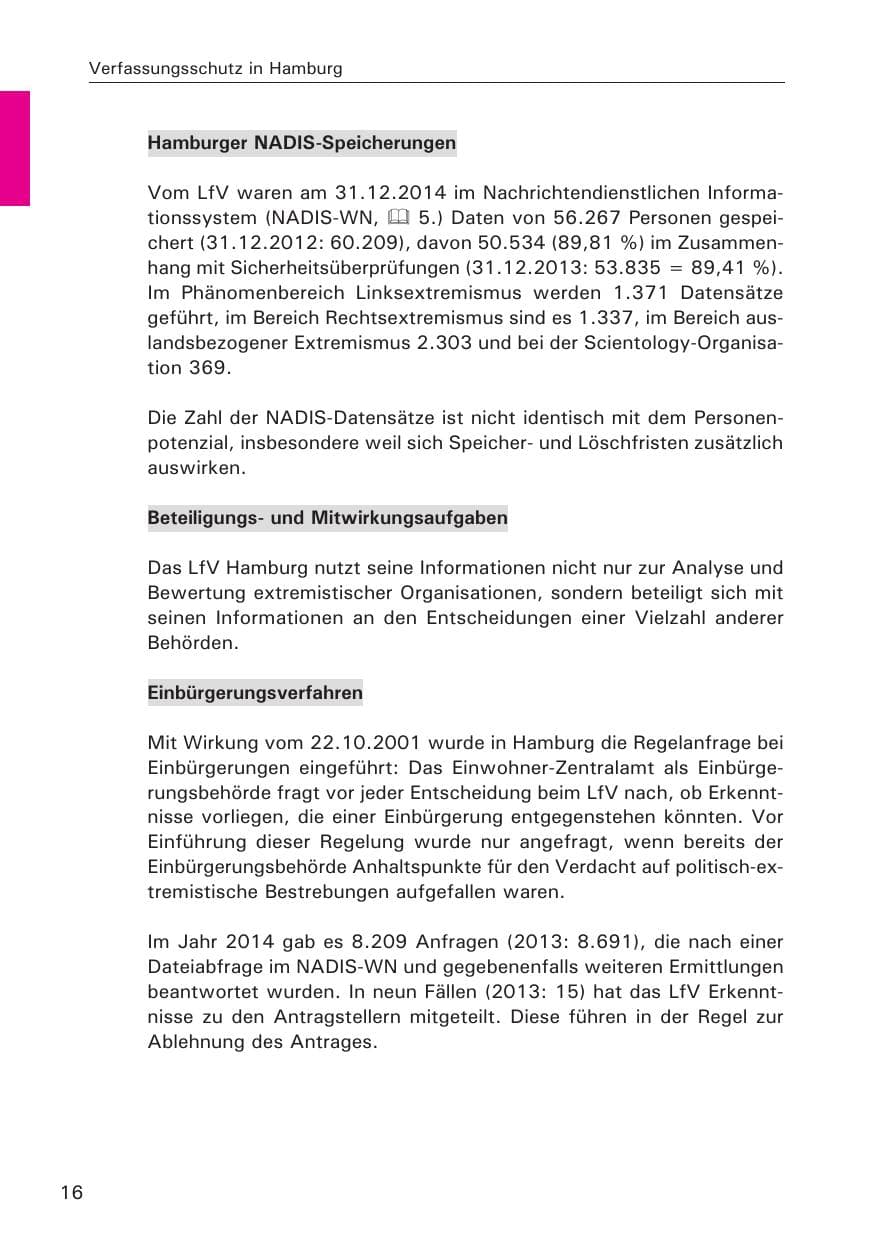 Seite 16 des Verfassungsschutzbericht 2014 Hamburg