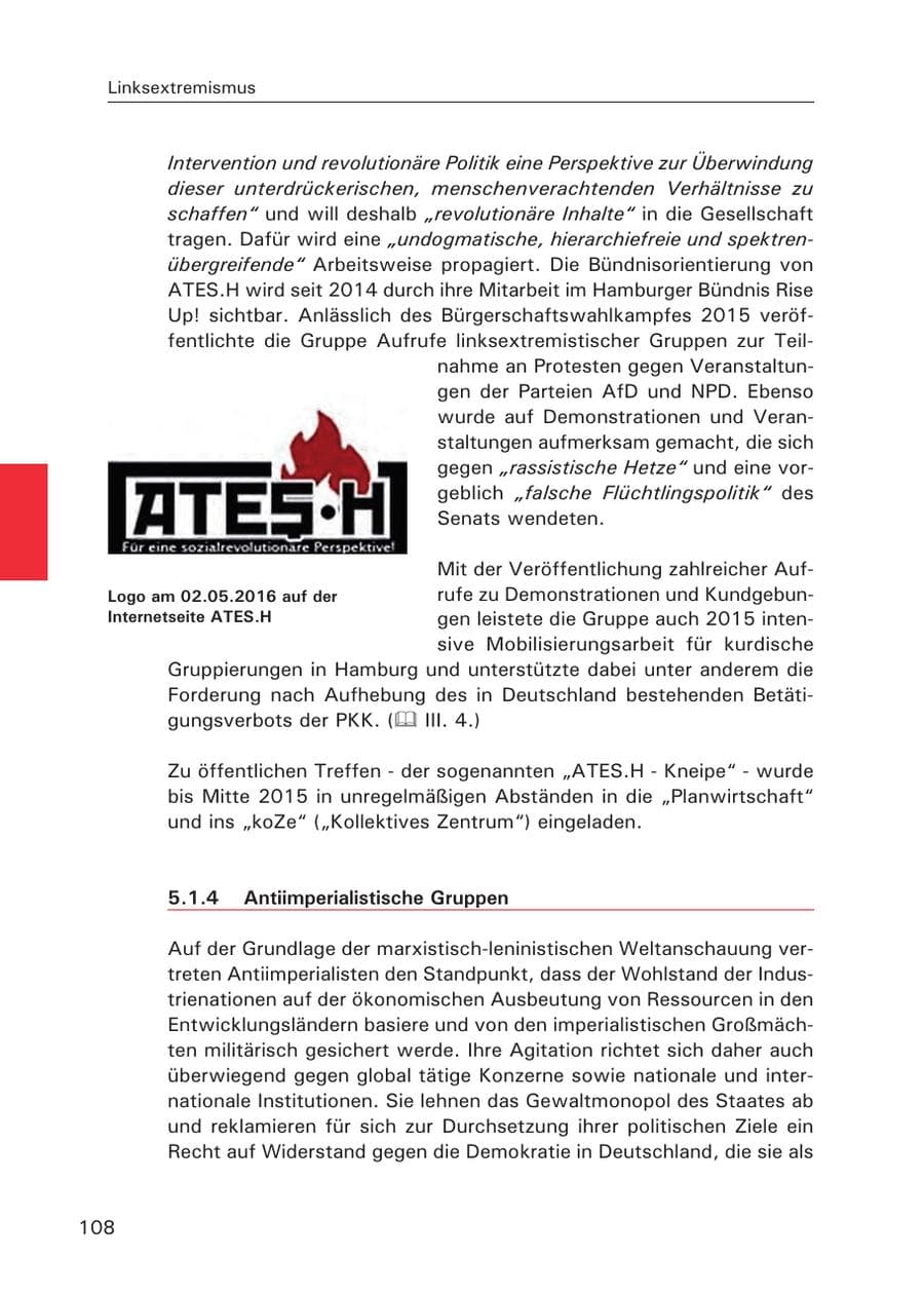 Seite 109 des Verfassungsschutzbericht 2015 Hamburg