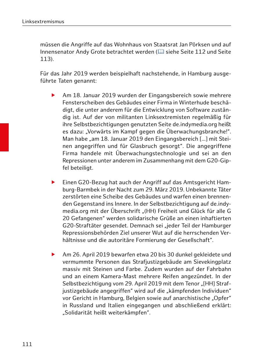 Seite 112 des Verfassungsschutzbericht 2019 Hamburg