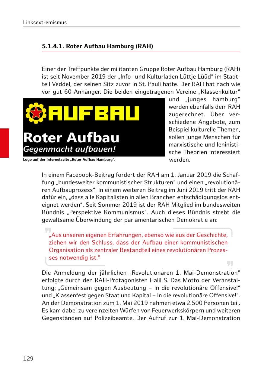 Seite 130 des Verfassungsschutzbericht 2019 Hamburg
