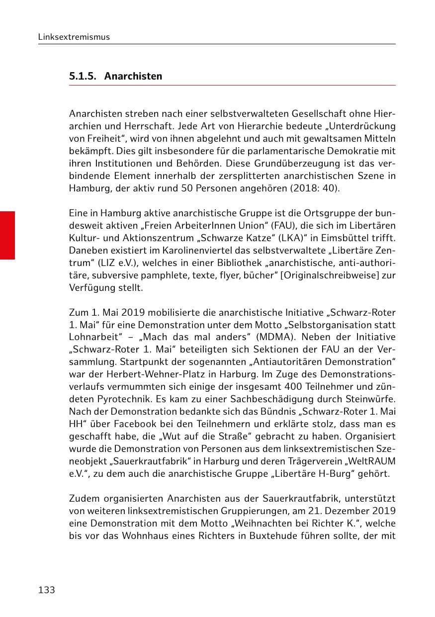 Seite 134 des Verfassungsschutzbericht 2019 Hamburg