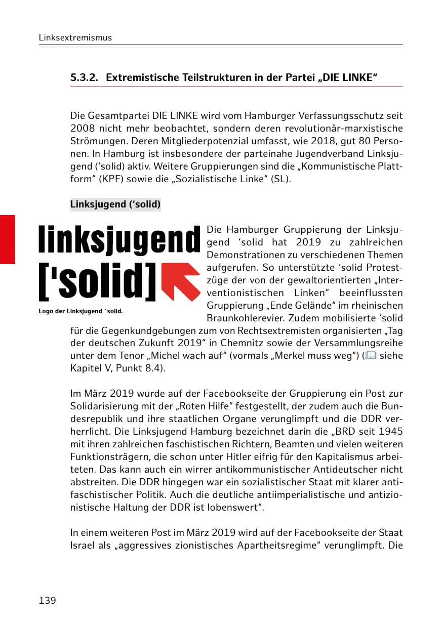 Seite 140 des Verfassungsschutzbericht 2019 Hamburg