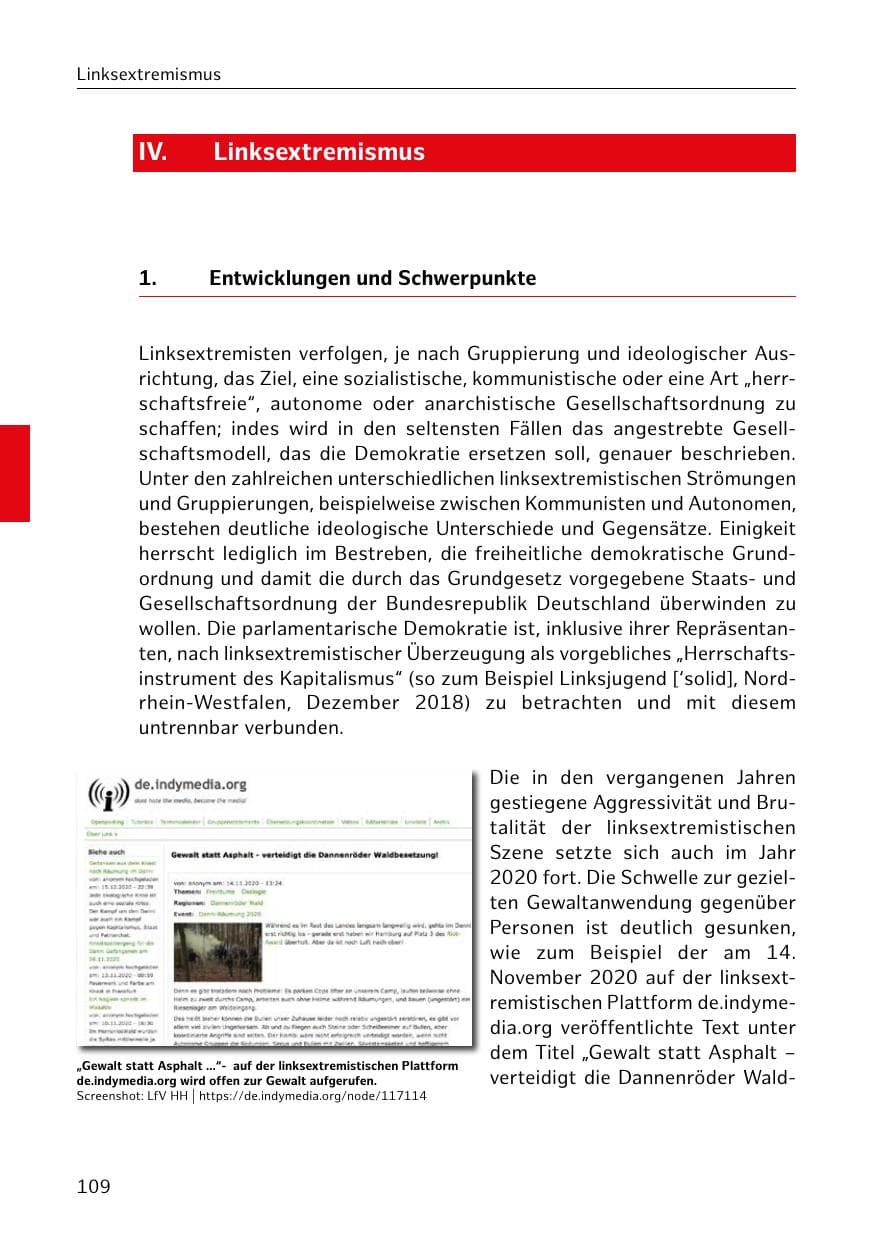 Seite 109 des Verfassungsschutzbericht 2020 Hamburg