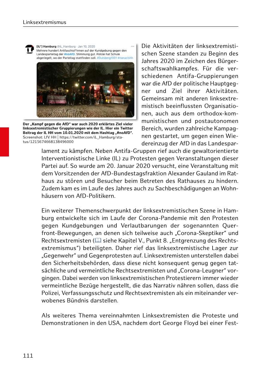 Seite 111 des Verfassungsschutzbericht 2020 Hamburg
