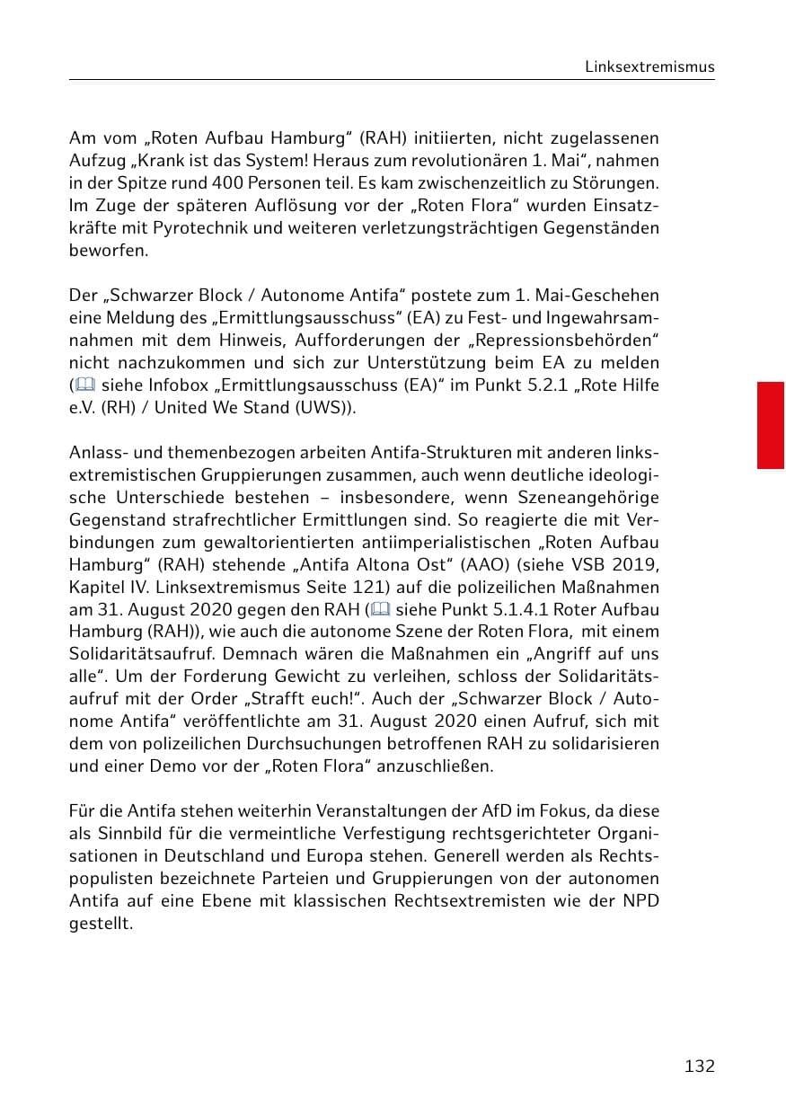 Seite 132 des Verfassungsschutzbericht 2020 Hamburg
