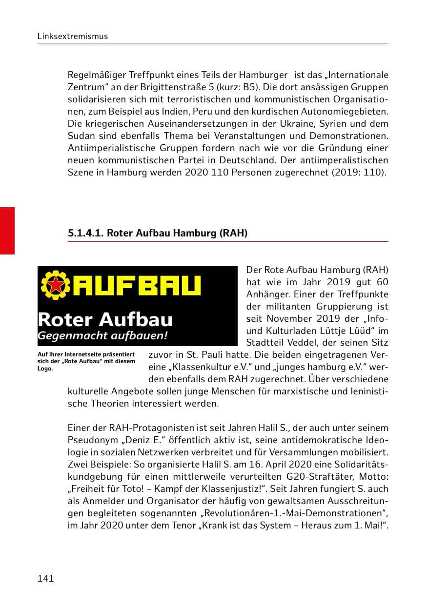 Seite 141 des Verfassungsschutzbericht 2020 Hamburg