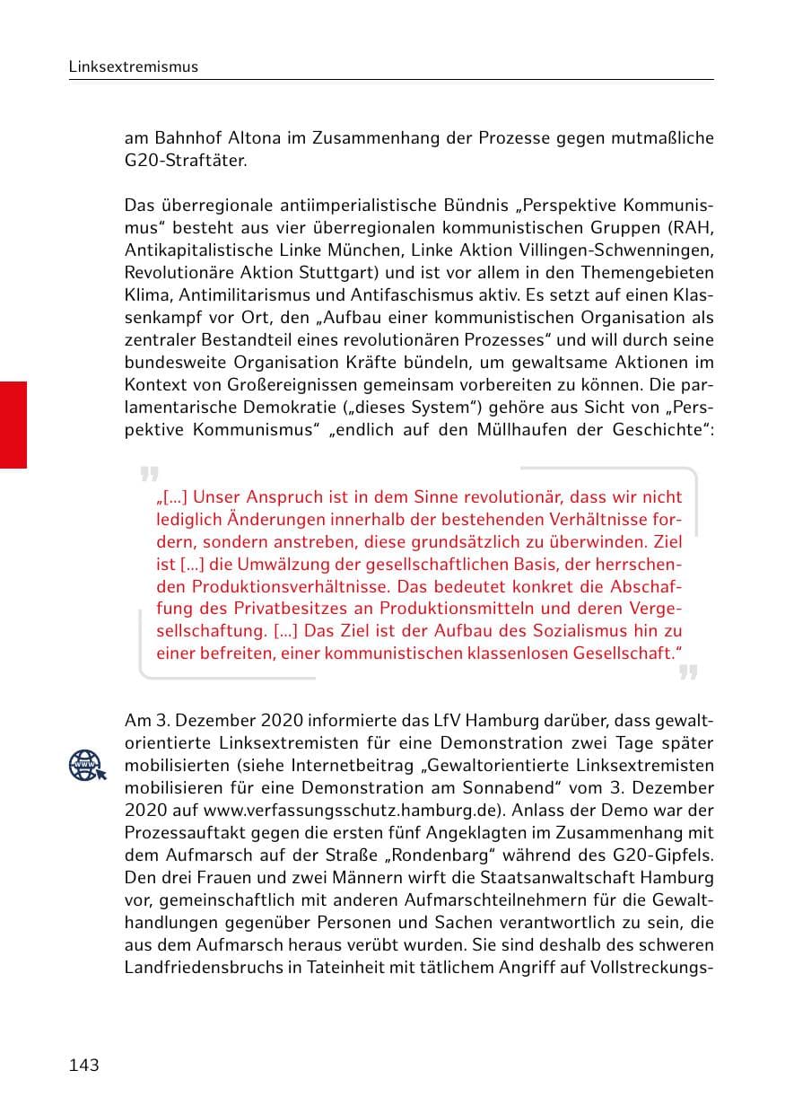 Seite 143 des Verfassungsschutzbericht 2020 Hamburg