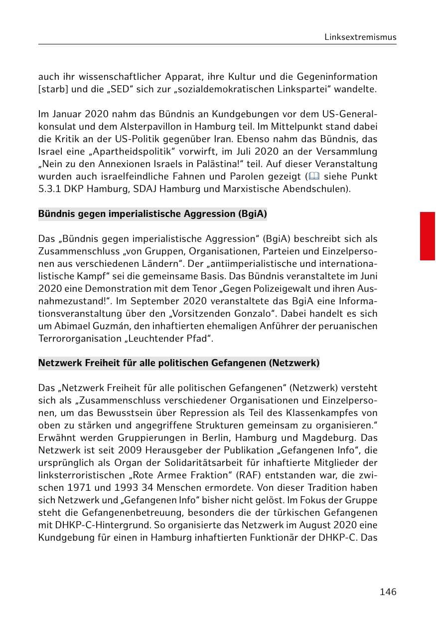 Seite 146 des Verfassungsschutzbericht 2020 Hamburg