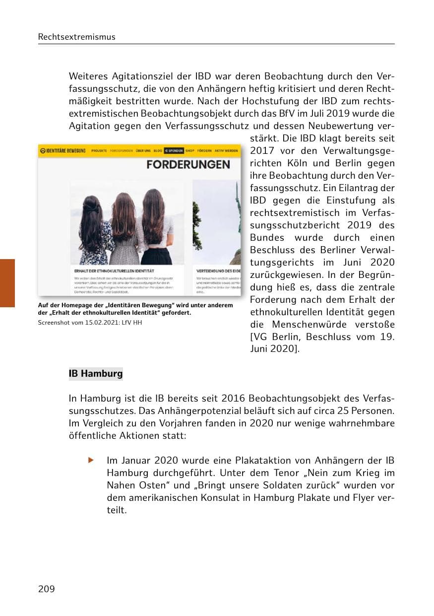Seite 209 des Verfassungsschutzbericht 2020 Hamburg