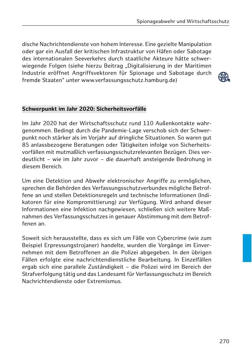 Seite 270 des Verfassungsschutzbericht 2020 Hamburg