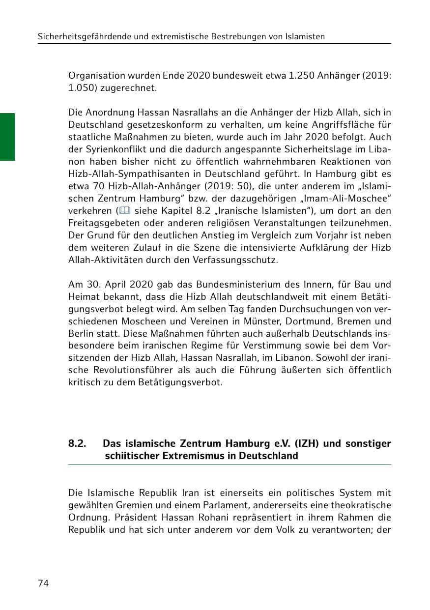 Seite 74 des Verfassungsschutzbericht 2020 Hamburg