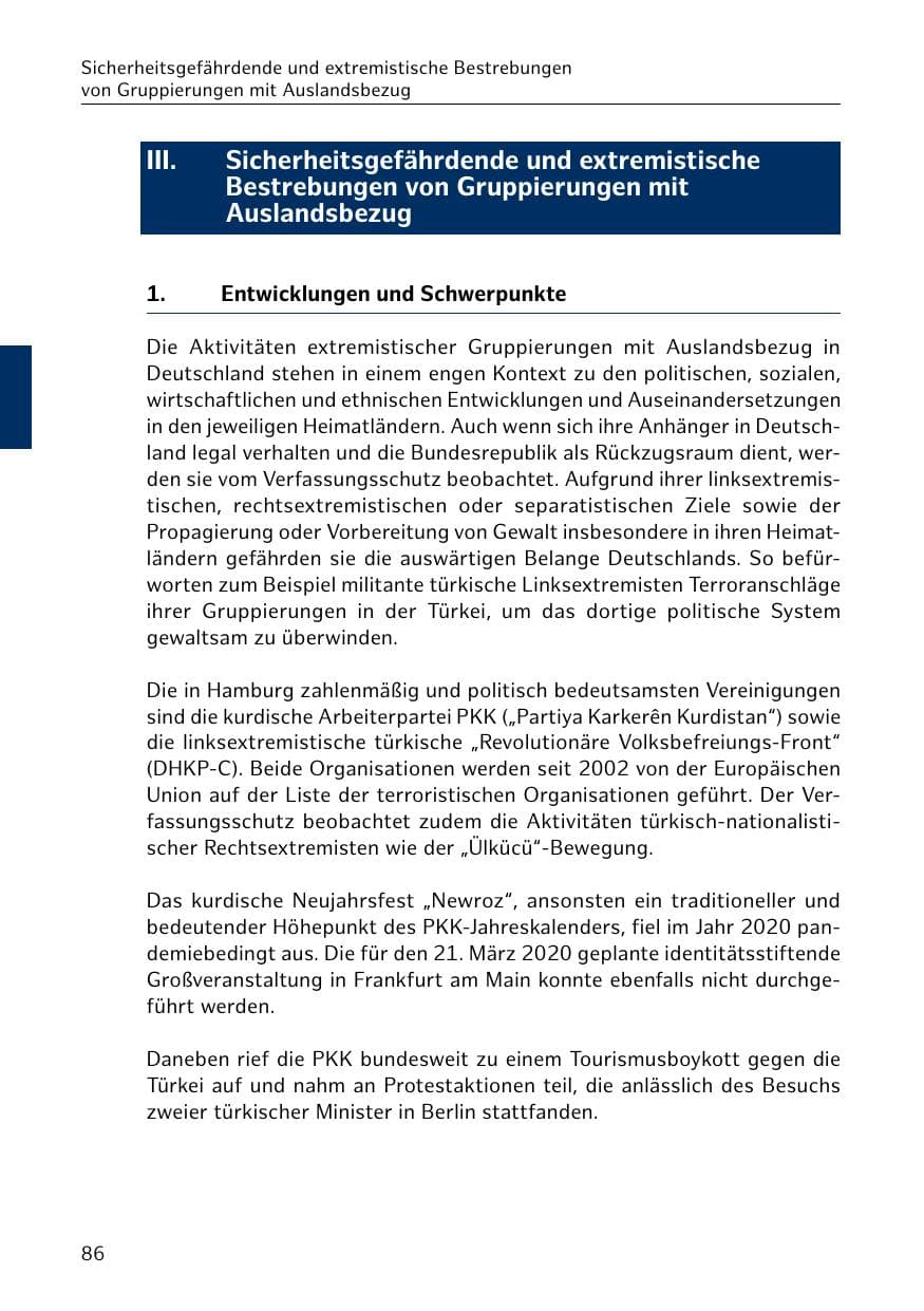 Seite 86 des Verfassungsschutzbericht 2020 Hamburg