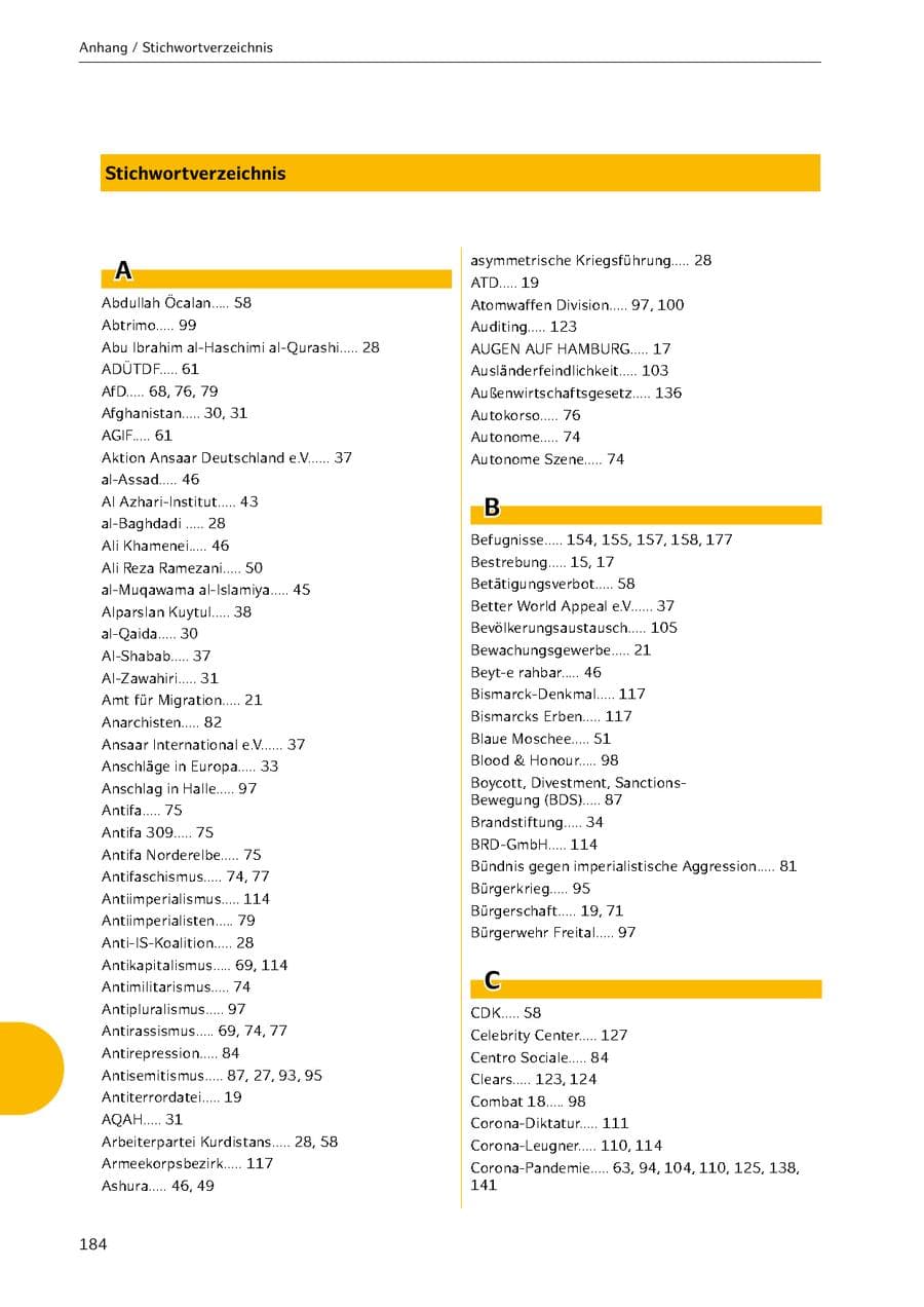 Seite 184 des Verfassungsschutzbericht 2021 Hamburg