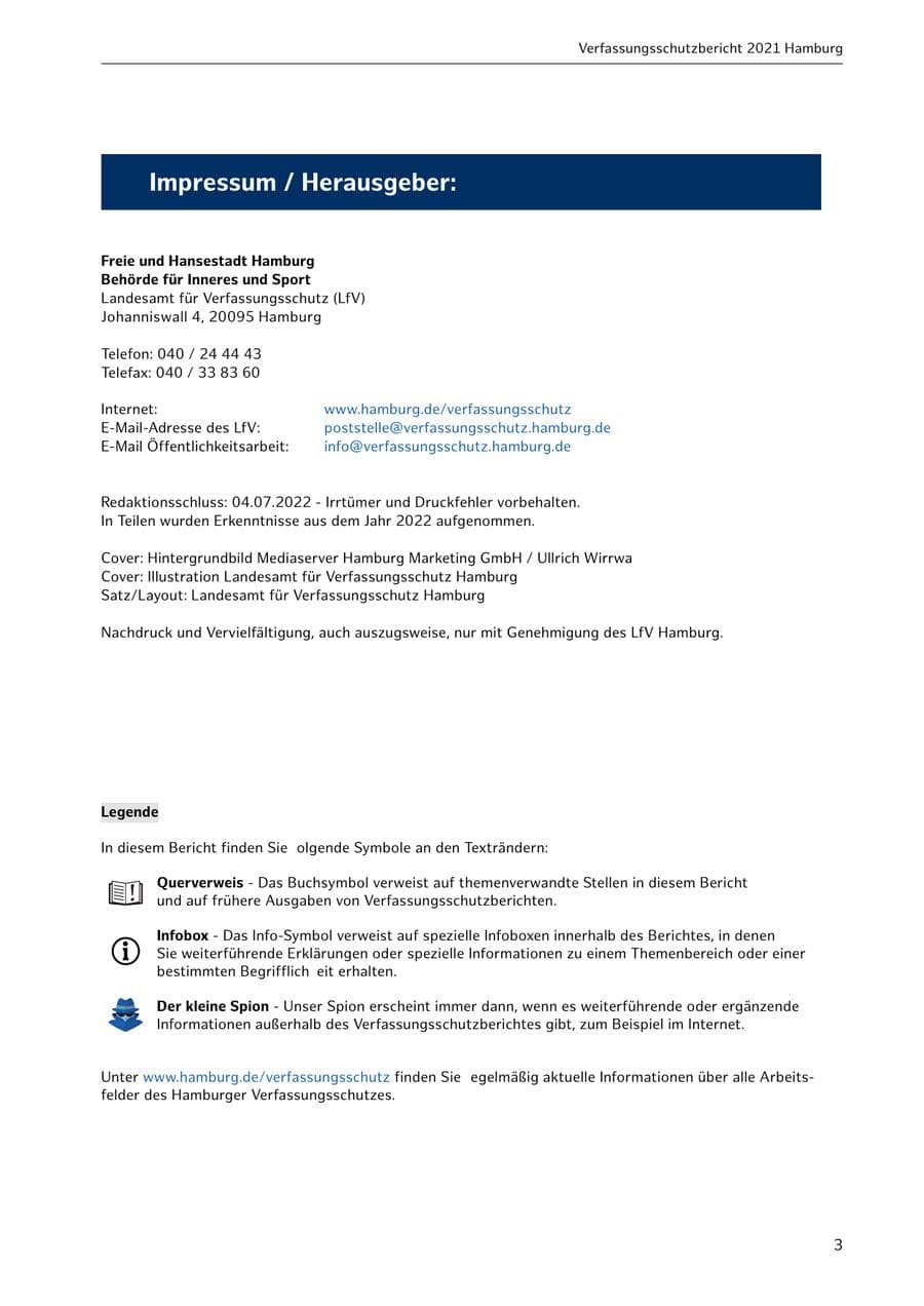 Seite 3 des Verfassungsschutzbericht 2021 Hamburg