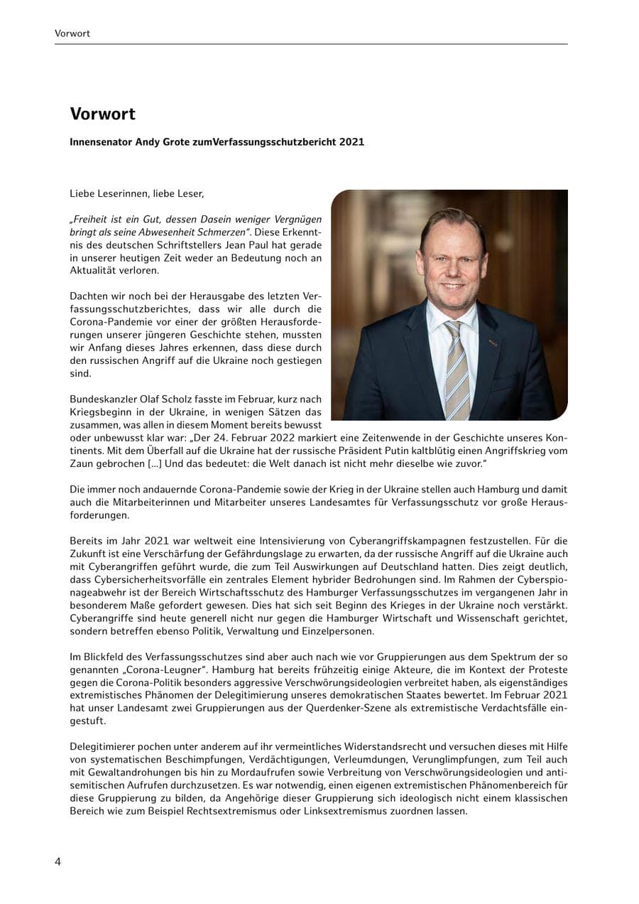 Seite 4 des Verfassungsschutzbericht 2021 Hamburg
