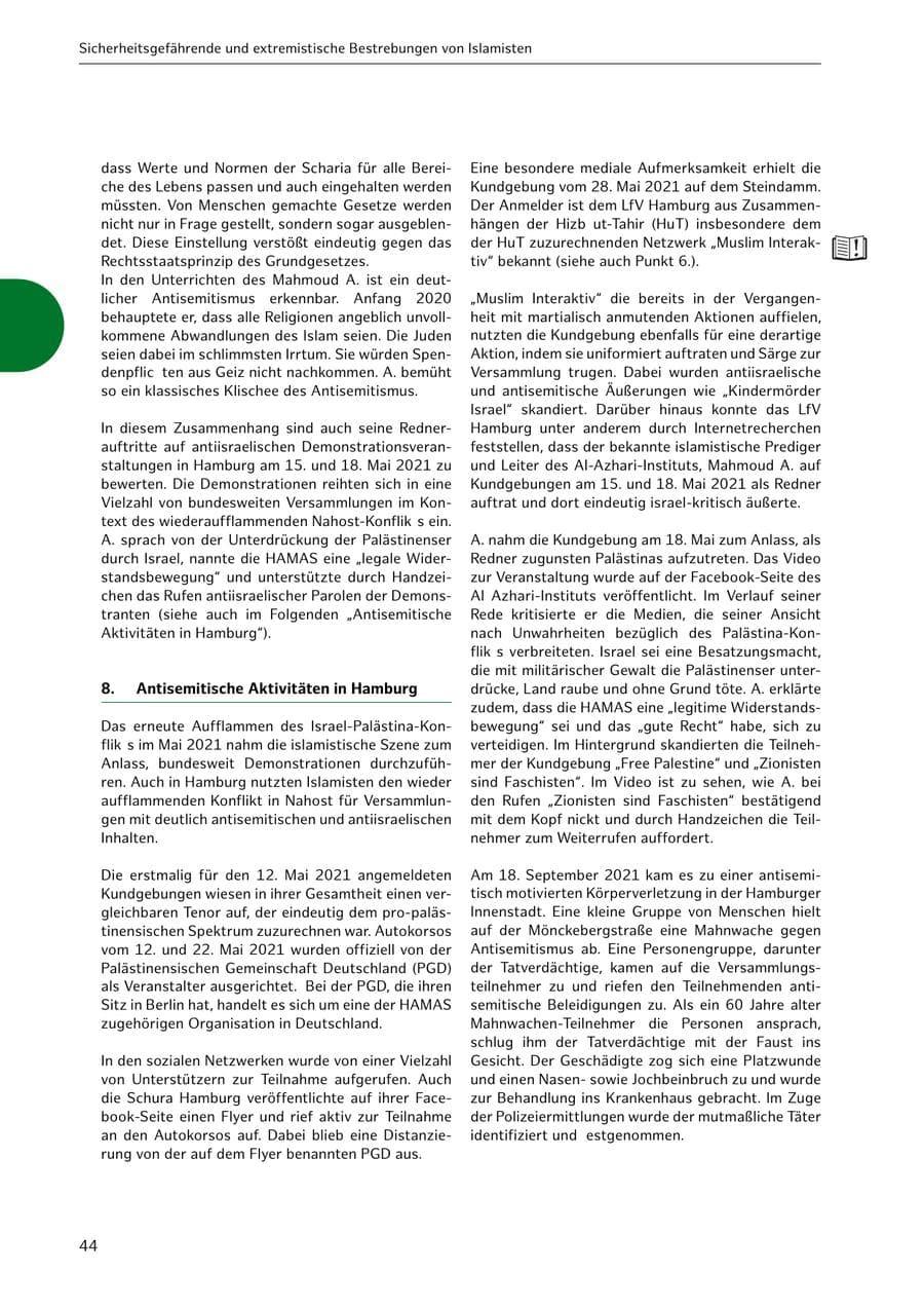 Seite 44 des Verfassungsschutzbericht 2021 Hamburg