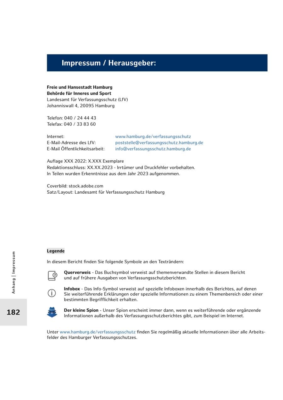 Seite 182 des Verfassungsschutzbericht 2022 Hamburg