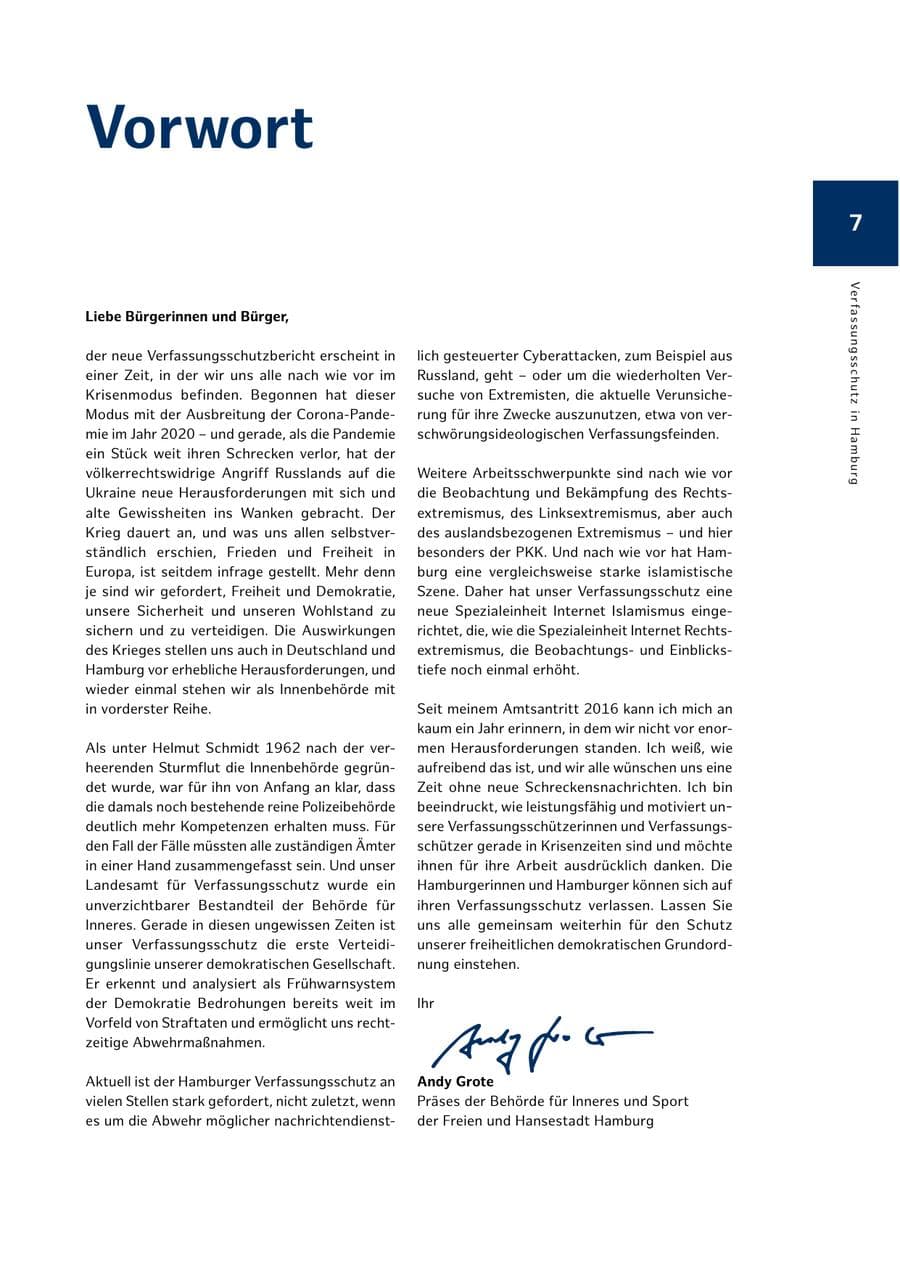 Seite 7 des Verfassungsschutzbericht 2022 Hamburg