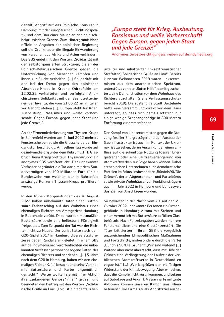 Seite 69 des Verfassungsschutzbericht 2022 Hamburg