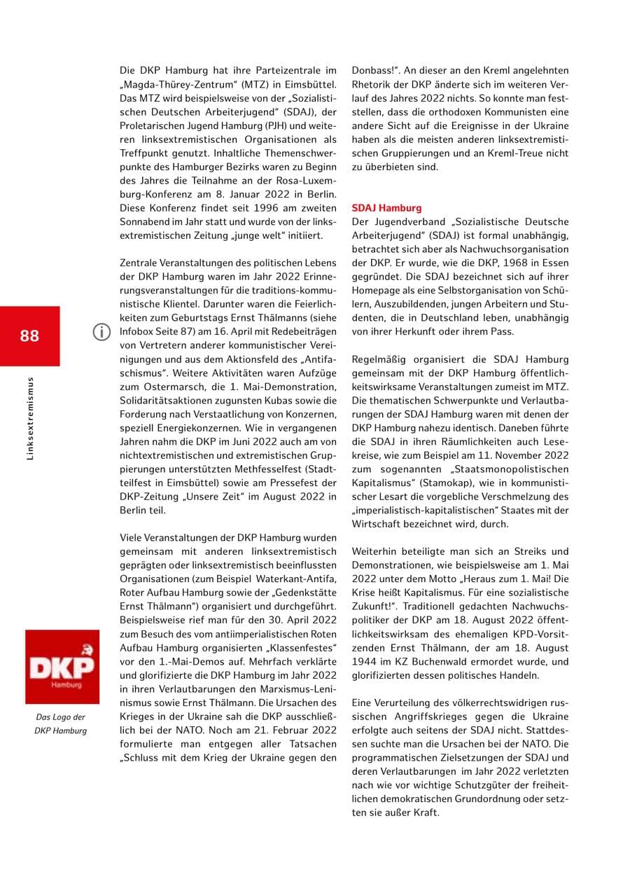 Seite 88 des Verfassungsschutzbericht 2022 Hamburg