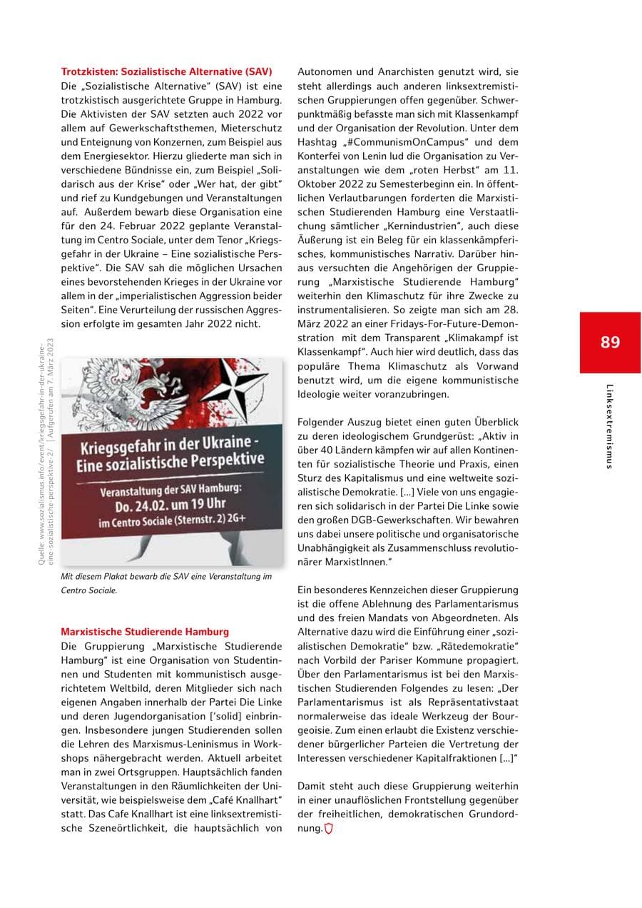 Seite 89 des Verfassungsschutzbericht 2022 Hamburg