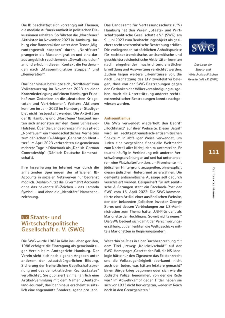 Seite 111 des Verfassungsschutzbericht 2023 Hamburg