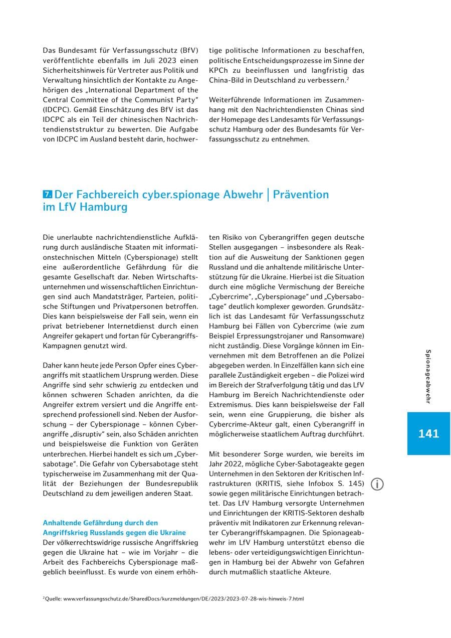 Seite 141 des Verfassungsschutzbericht 2023 Hamburg