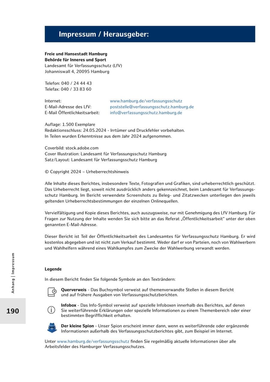 Seite 190 des Verfassungsschutzbericht 2023 Hamburg