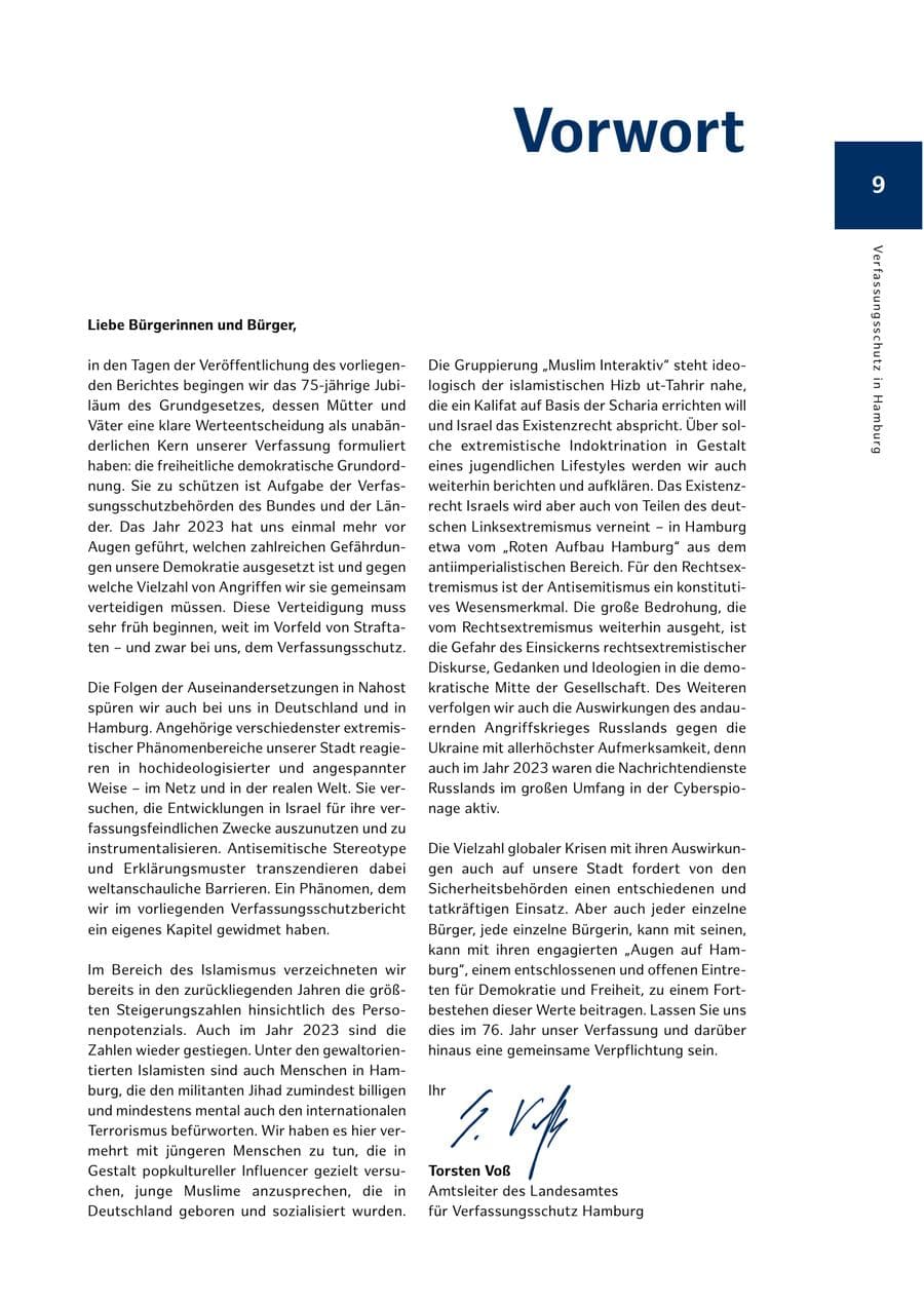 Seite 9 des Verfassungsschutzbericht 2023 Hamburg