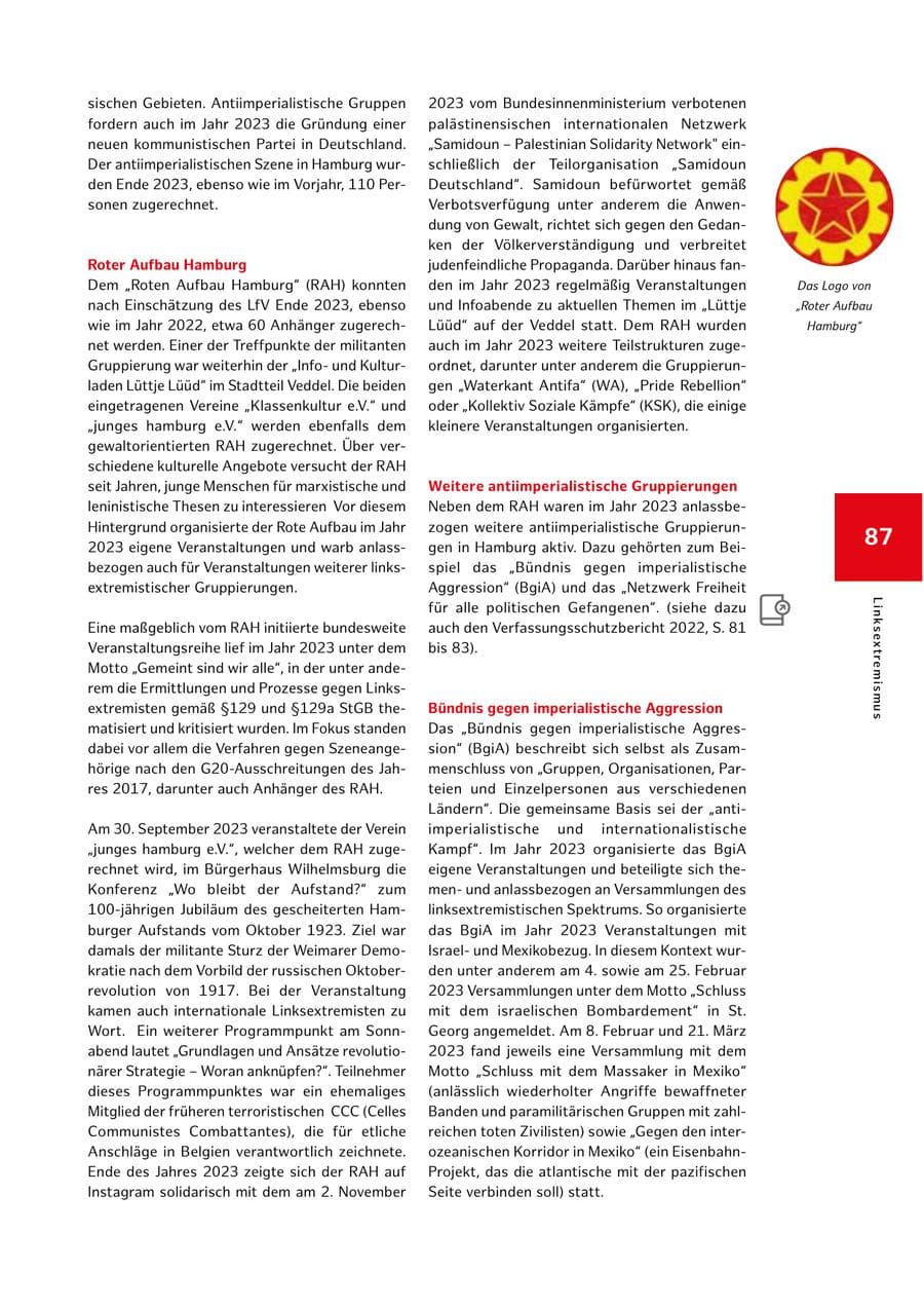 Seite 87 des Verfassungsschutzbericht 2023 Hamburg