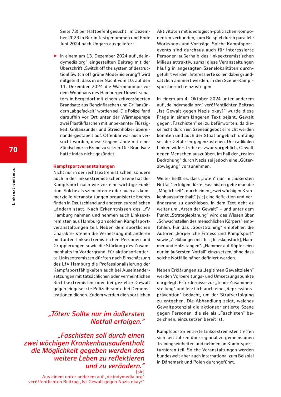 Seite 70 des Verfassungsschutzbericht 2024 Hamburg