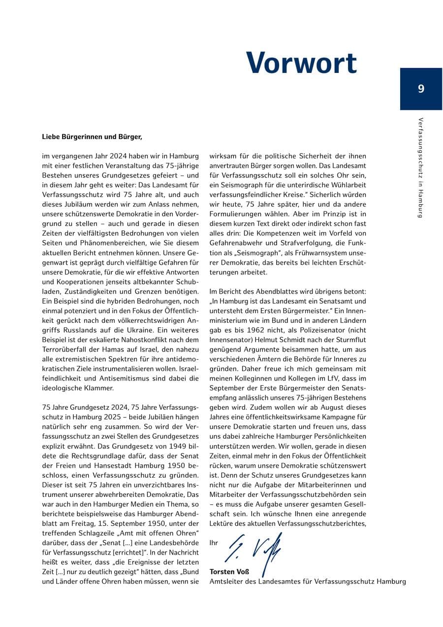 Seite 9 des Verfassungsschutzbericht 2024 Hamburg