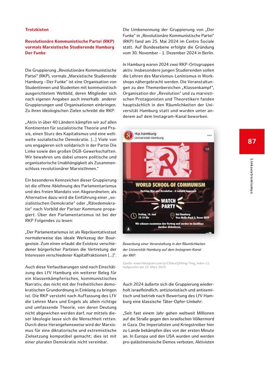 Seite 87 des Verfassungsschutzbericht 2024 Hamburg
