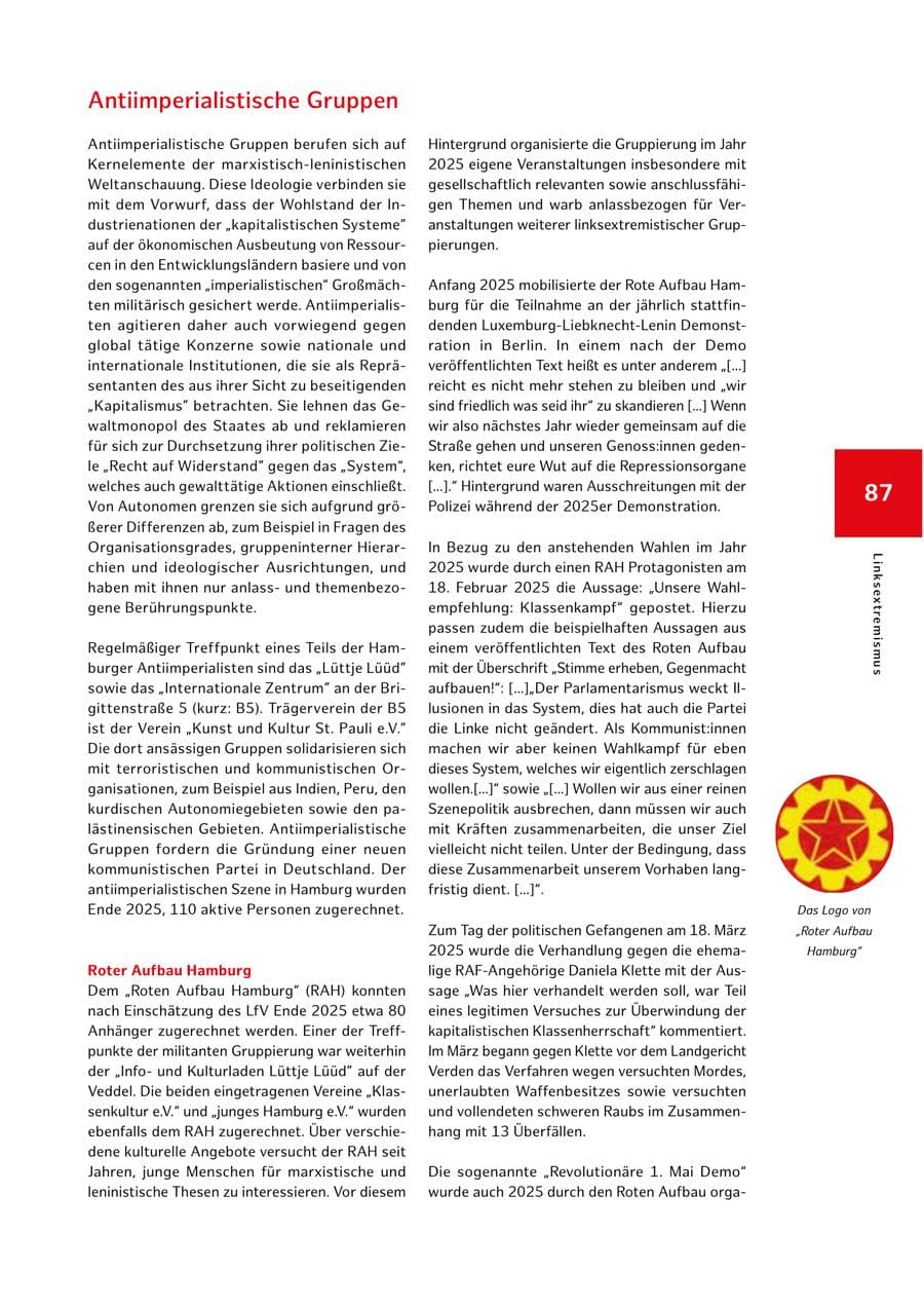 Seite 87 des Verfassungsschutzbericht 2025 Hamburg