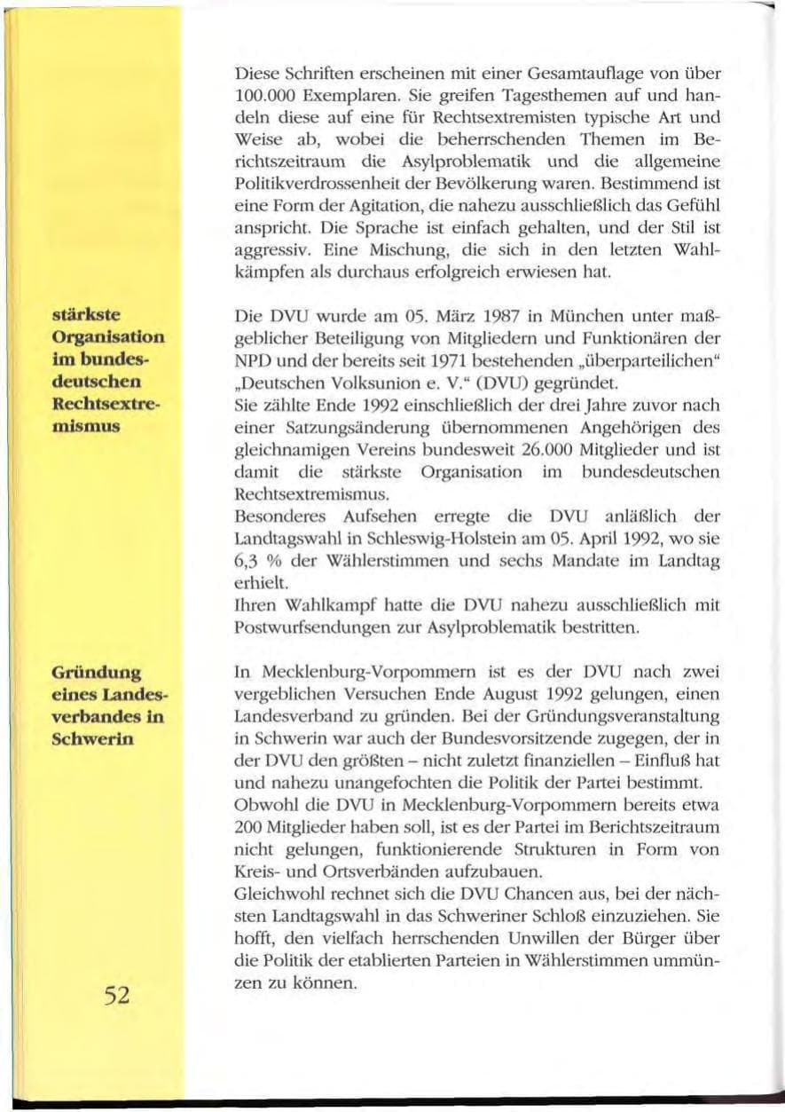 Seite 52 des Verfassungsschutzbericht 1992 Mecklenburg-Vorpommern