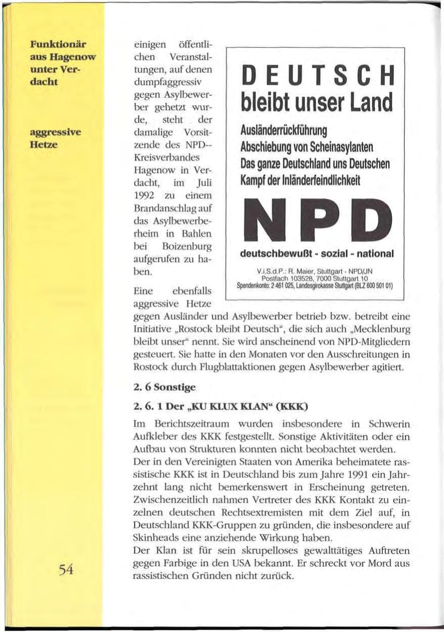 Seite 54 des Verfassungsschutzbericht 1992 Mecklenburg-Vorpommern