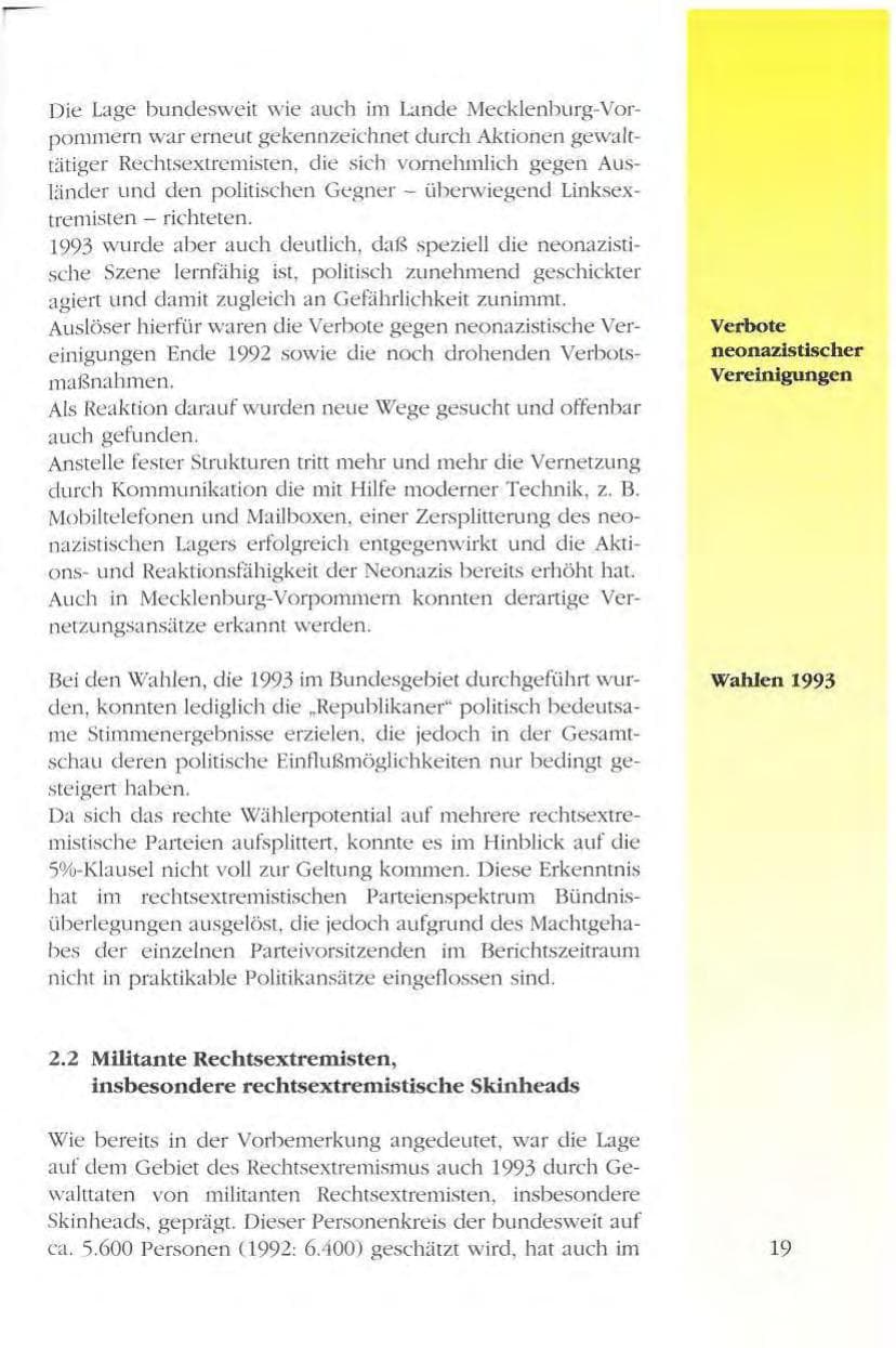 Seite 19 des Verfassungsschutzbericht 1993 Mecklenburg-Vorpommern