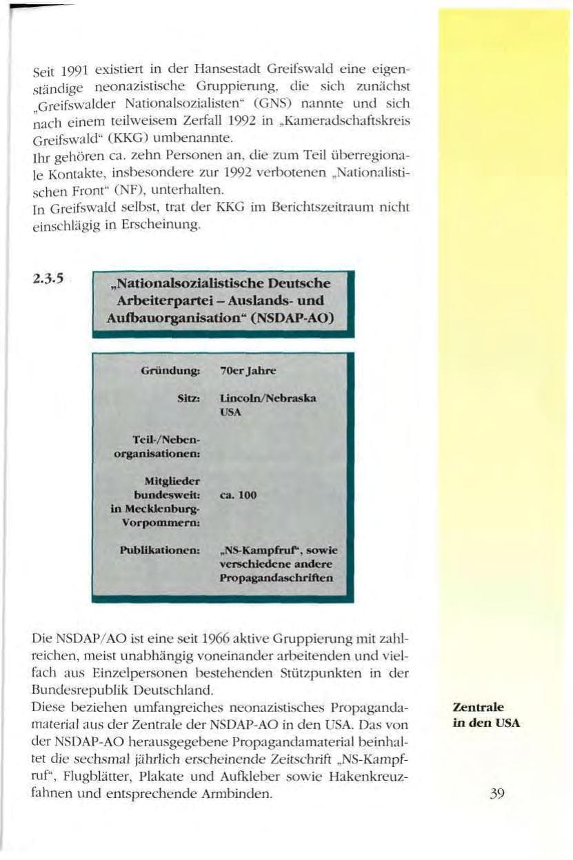 Seite 39 des Verfassungsschutzbericht 1993 Mecklenburg-Vorpommern