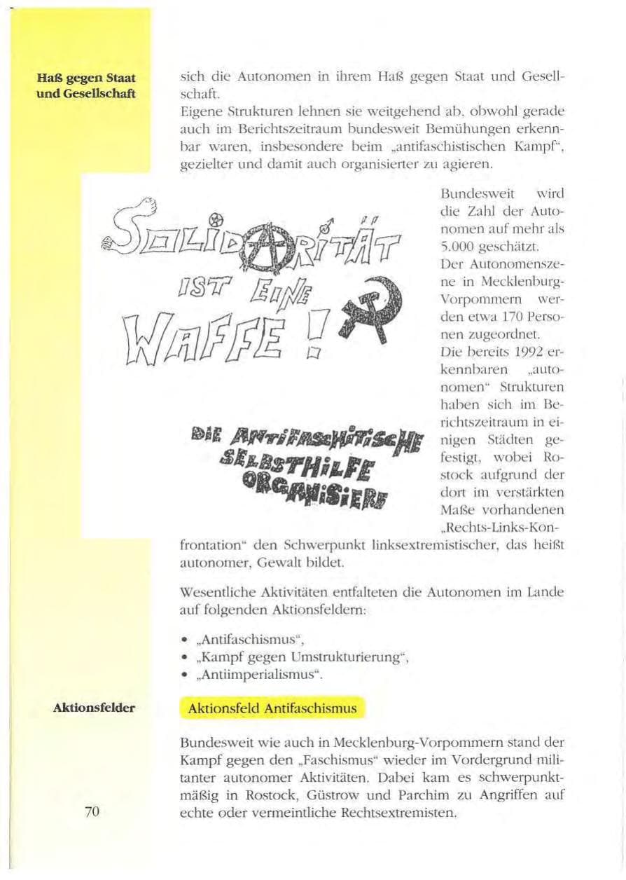 Seite 70 des Verfassungsschutzbericht 1993 Mecklenburg-Vorpommern