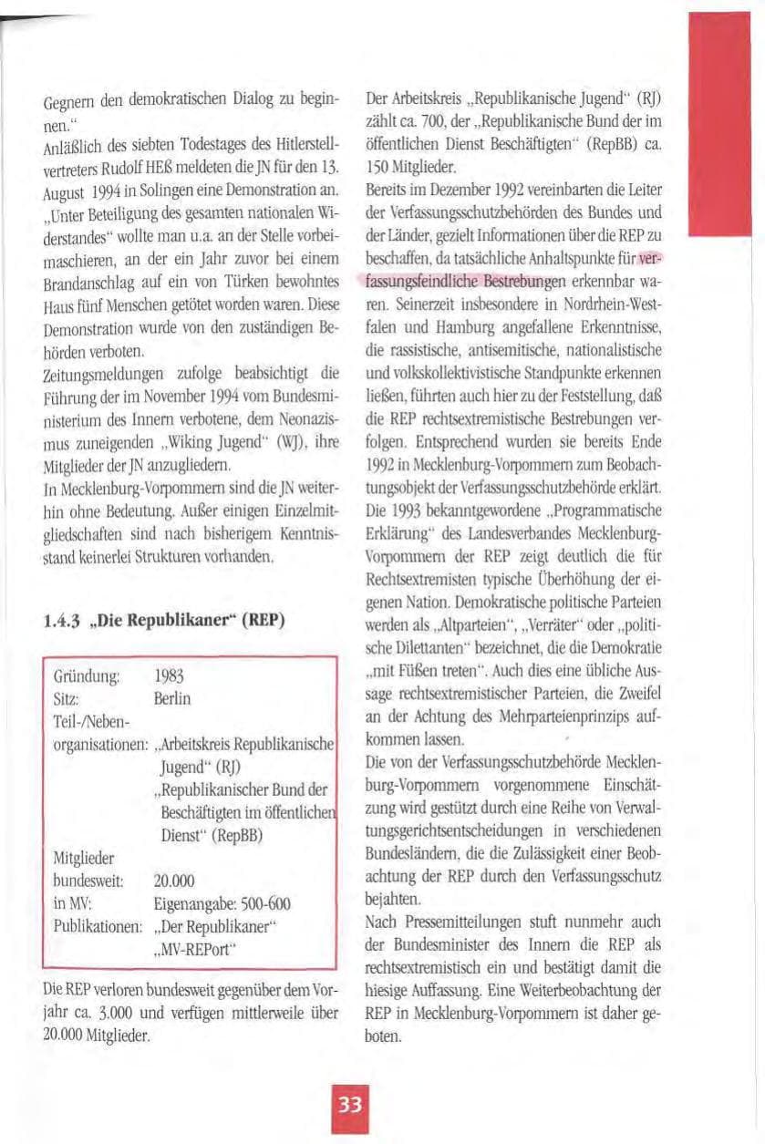 Seite 36 des Verfassungsschutzbericht 1994 Mecklenburg-Vorpommern