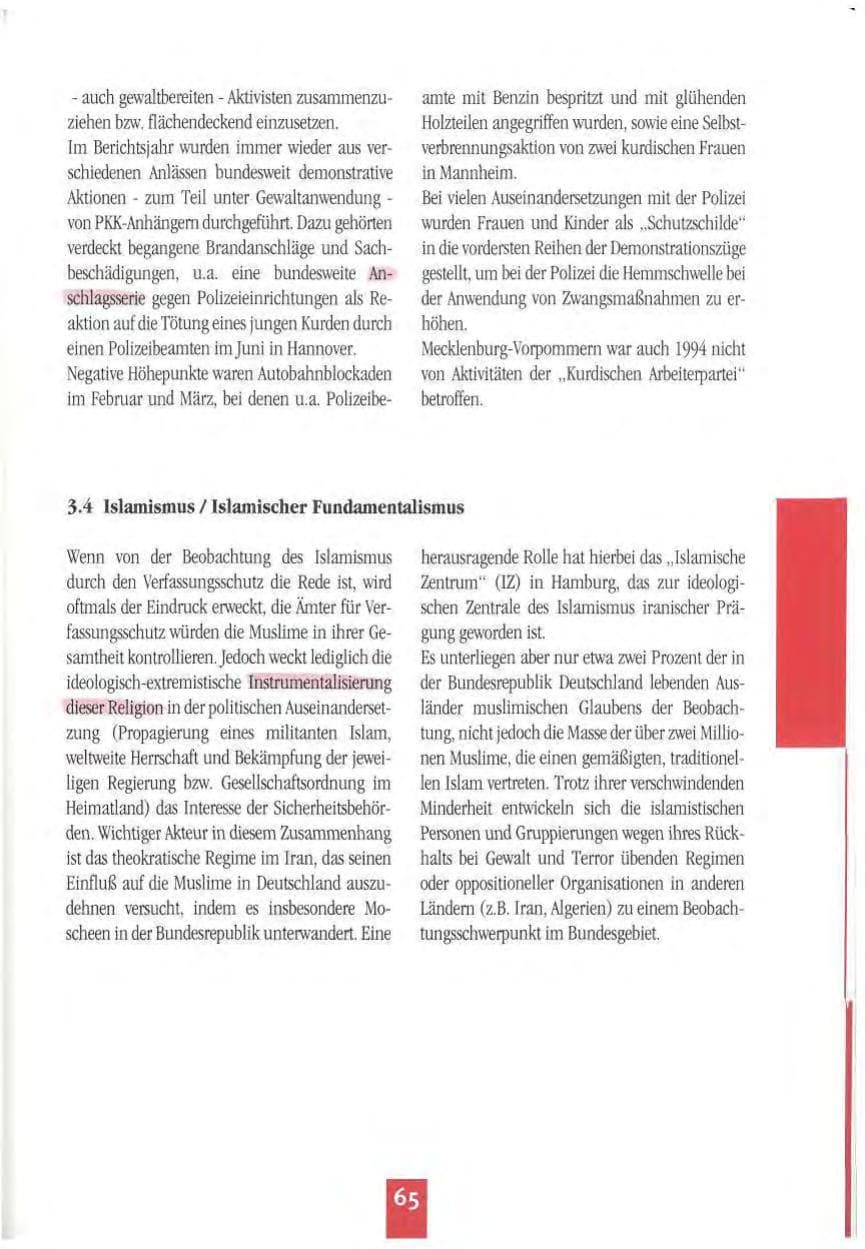 Seite 68 des Verfassungsschutzbericht 1994 Mecklenburg-Vorpommern