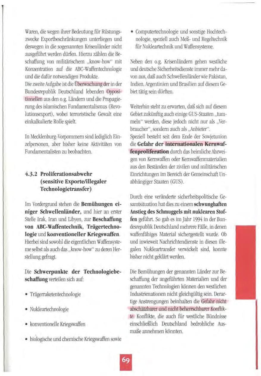 Seite 72 des Verfassungsschutzbericht 1994 Mecklenburg-Vorpommern