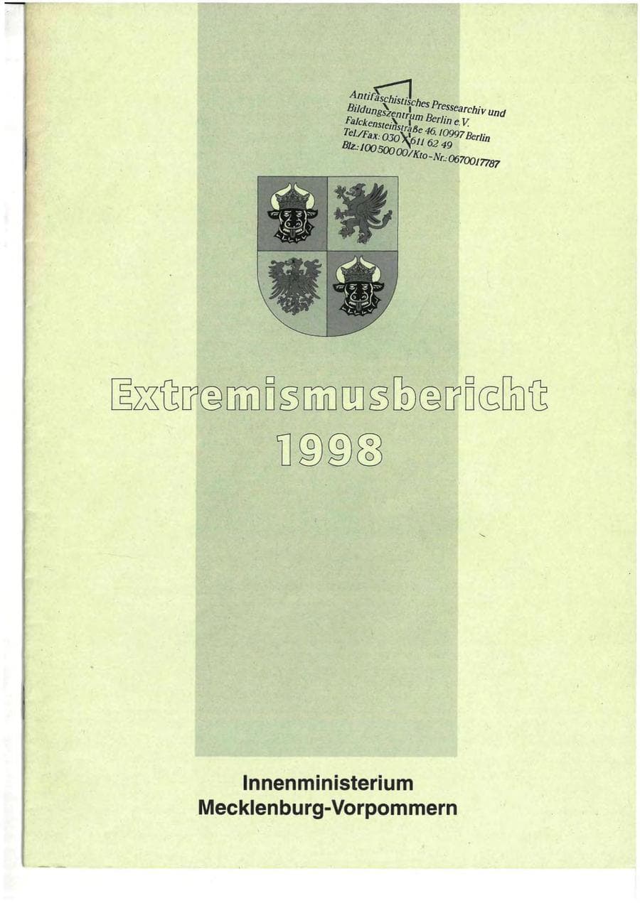 Seite 1 des Verfassungsschutzbericht 1998 Mecklenburg-Vorpommern