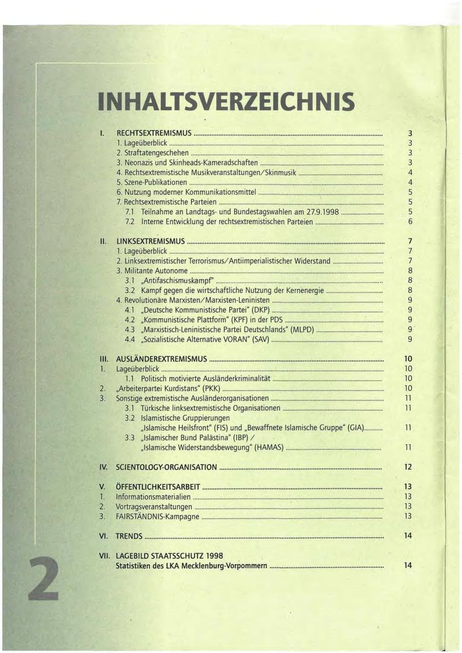 Seite 2 des Verfassungsschutzbericht 1998 Mecklenburg-Vorpommern