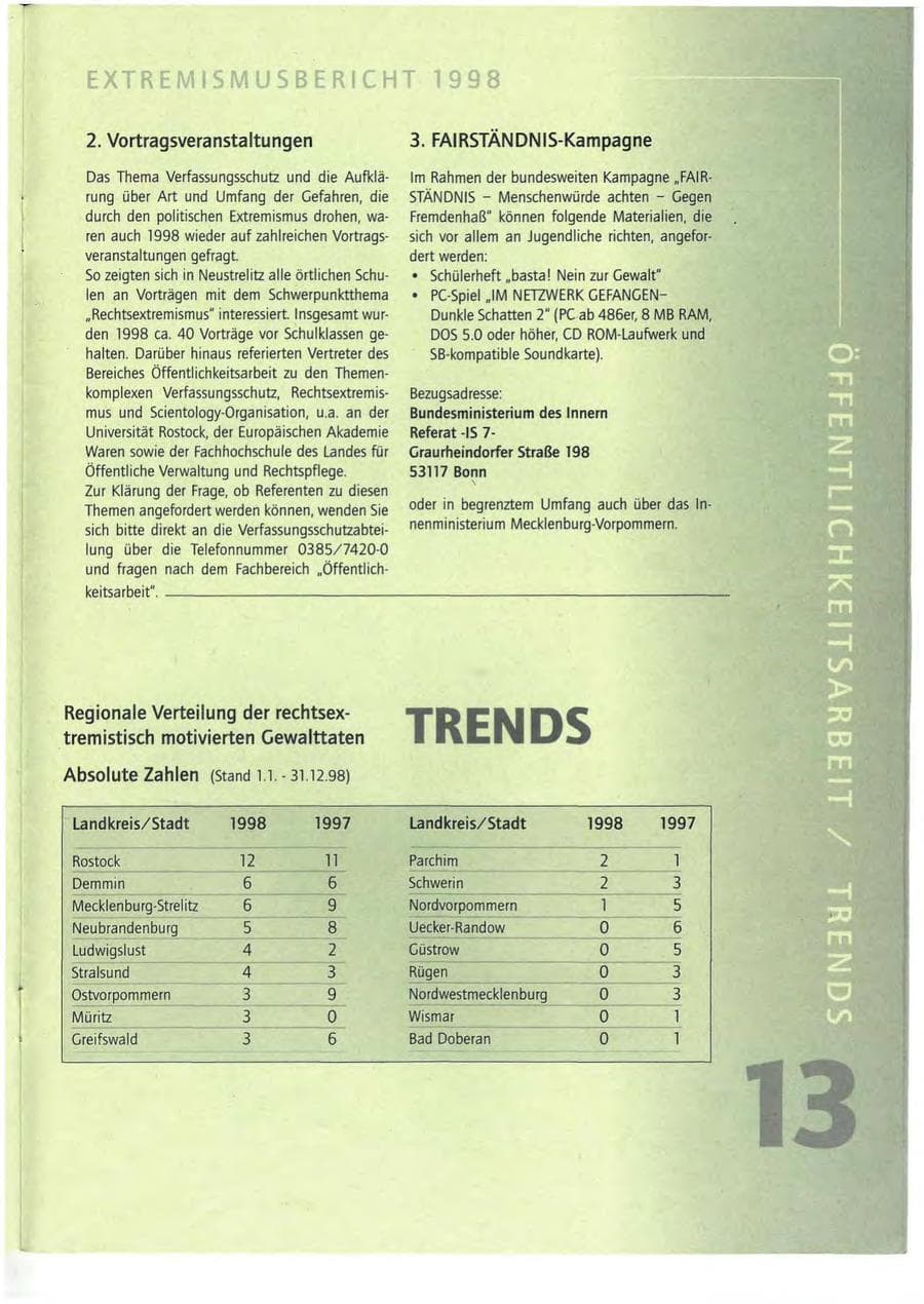 Seite 13 des Verfassungsschutzbericht 1998 Mecklenburg-Vorpommern