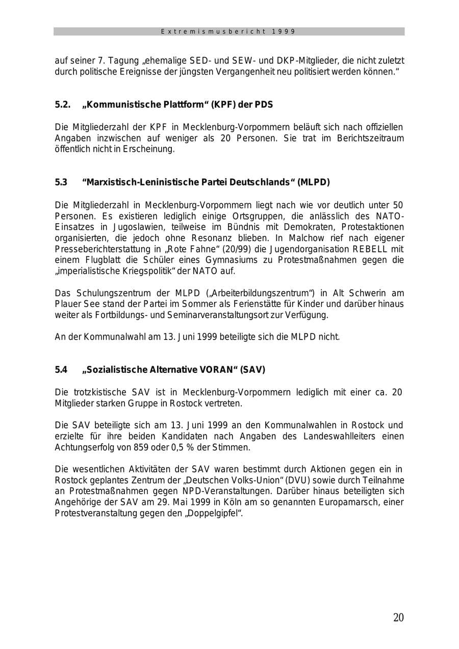 Seite 21 des Verfassungsschutzbericht 1999 Mecklenburg-Vorpommern