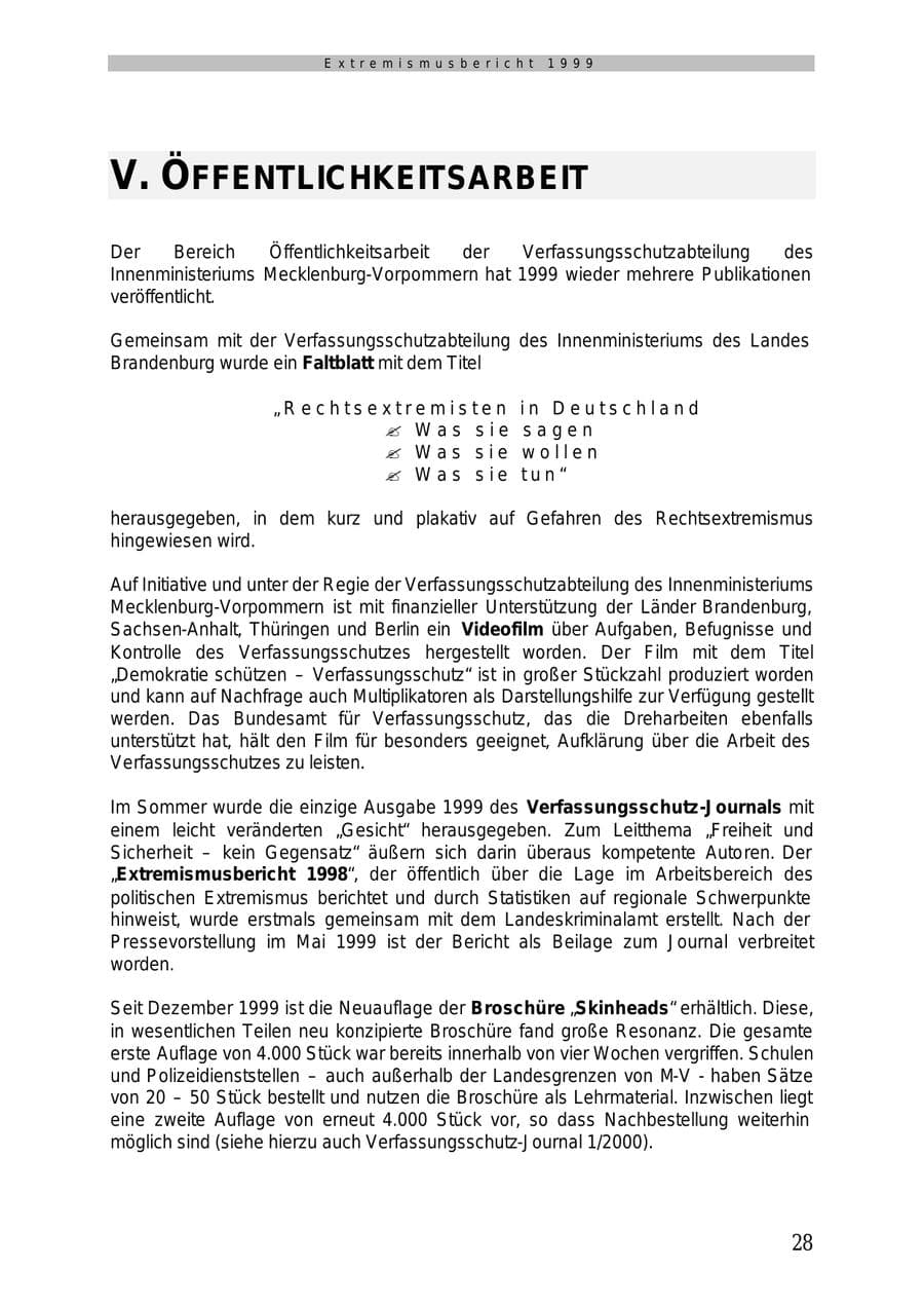 Seite 29 des Verfassungsschutzbericht 1999 Mecklenburg-Vorpommern